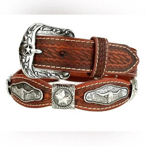Tooled Scalloped Concho Western Leather Belt - Chestnut 32”‎